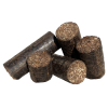 Some dark cylindrical heatlogs made from bark and pine - Wood Fuel Co-operative