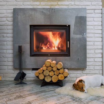 dog sleeping on rug in front of woodburning stove with log stack woodfuel cooperative