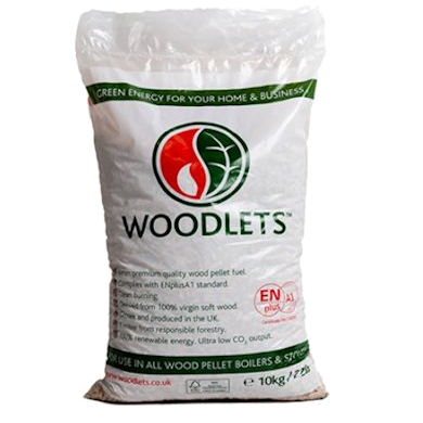 A bag of woodlets wood pellets on a white background - Wood Fuel Co-operative