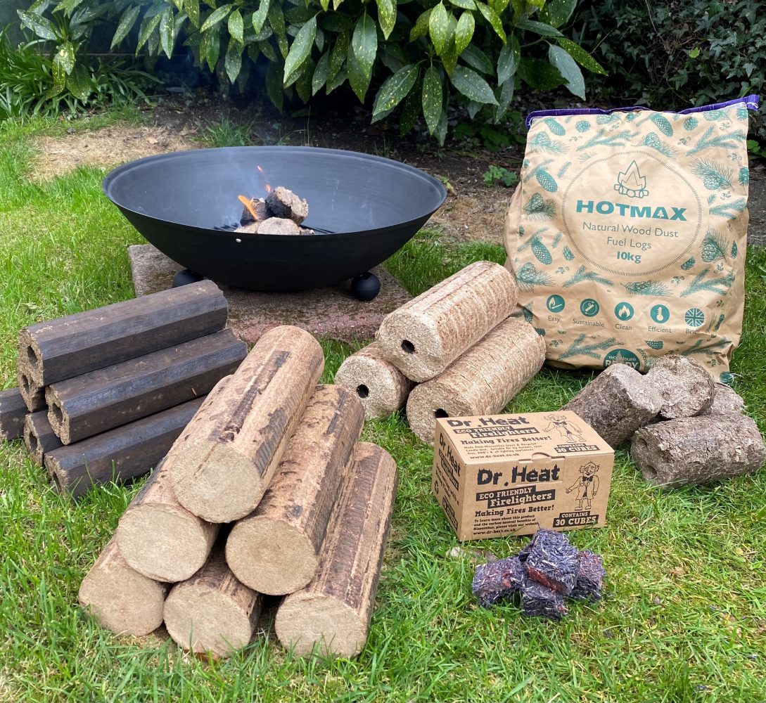 fire pit in garden with different types of briquettes woodfuel cooperative