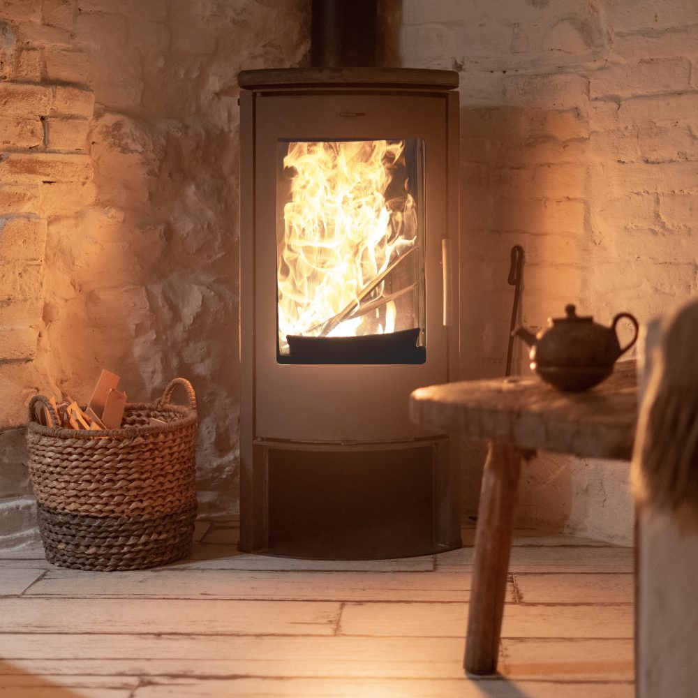 Cosy woodburning stove in modern scandi style living room. Woodfuel Co-operative. Lighting and burning.