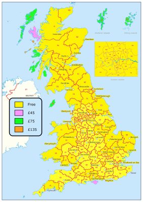 A map of the UK showing delivery charges - Wood Fuel Coop