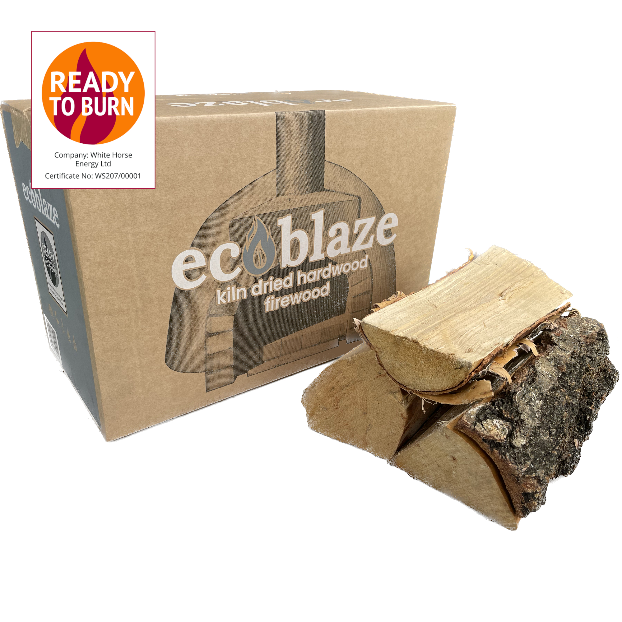 Box of kiln dried birch firewood logs with ready to burn logo - Wood Fuel Coop